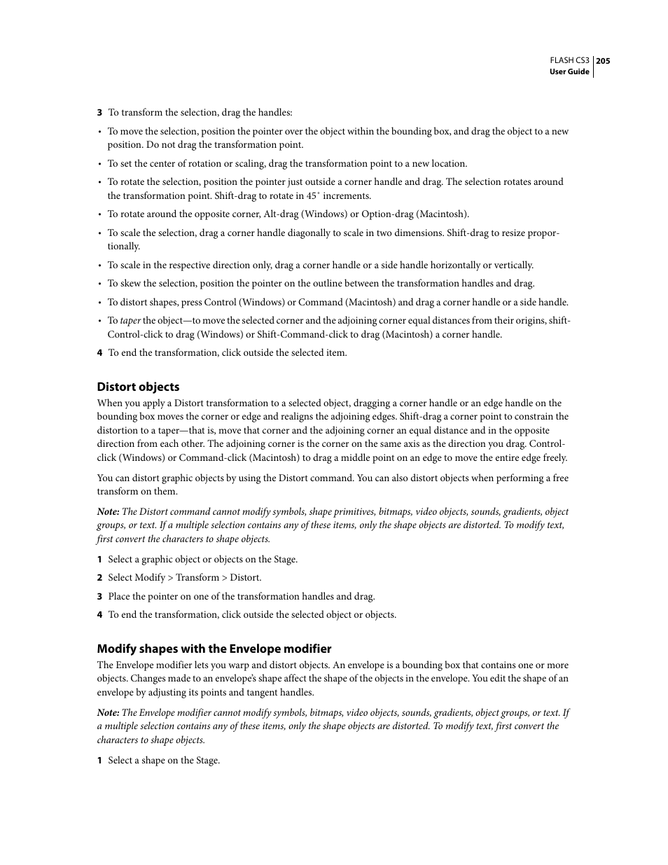 Distort objects, Modify shapes with the envelope modifier | Adobe Flash Professional CS3 User Manual | Page 211 / 527
