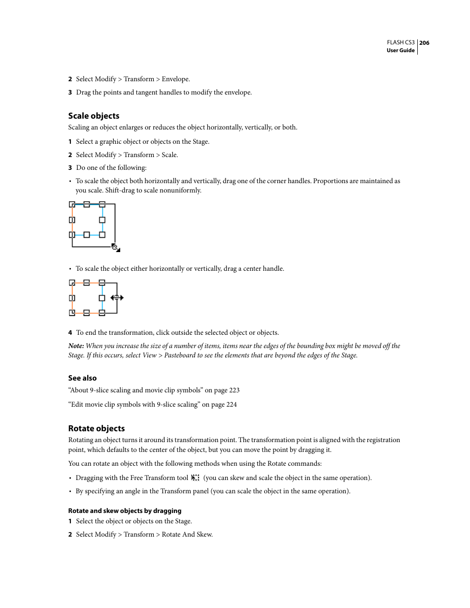 Scale objects, Rotate objects | Adobe Flash Professional CS3 User Manual | Page 212 / 527