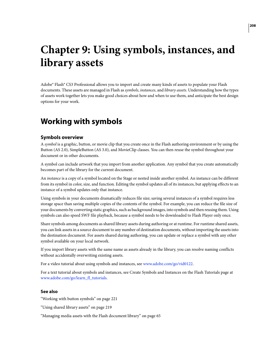 Working with symbols, Symbols overview | Adobe Flash Professional CS3 User Manual | Page 214 / 527