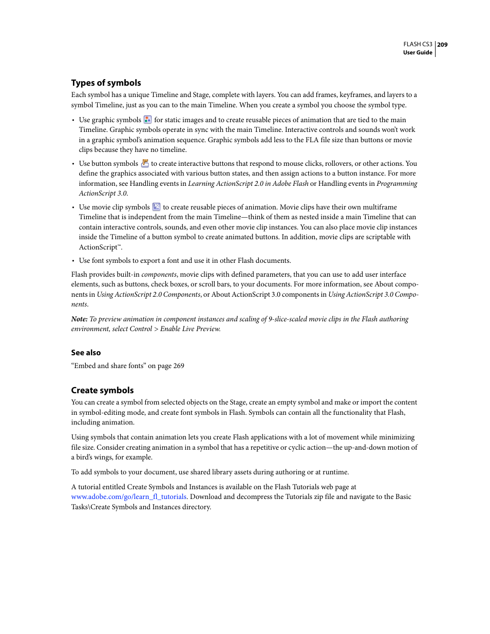 Types of symbols, Create symbols | Adobe Flash Professional CS3 User Manual | Page 215 / 527