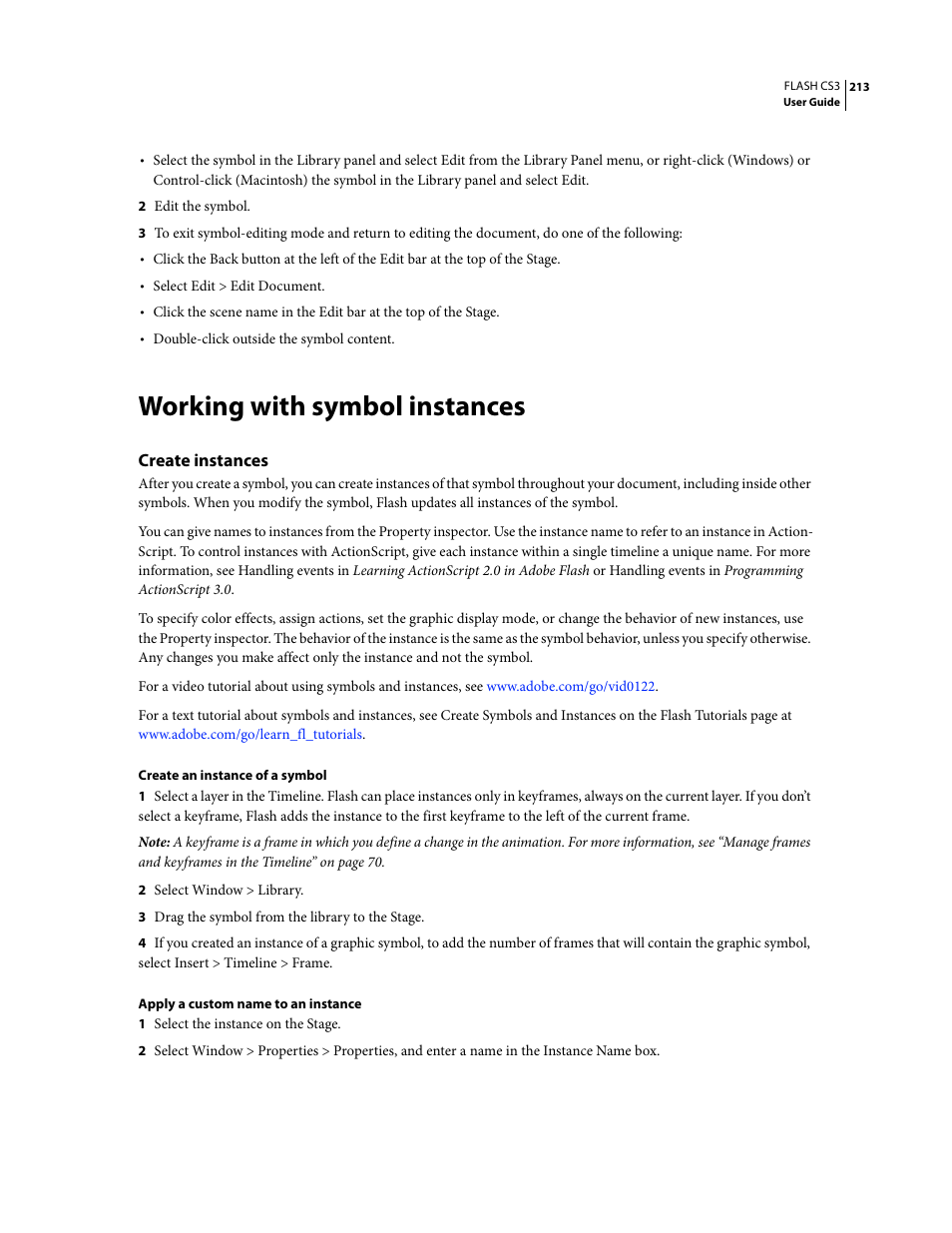 Working with symbol instances, Create instances | Adobe Flash Professional CS3 User Manual | Page 219 / 527