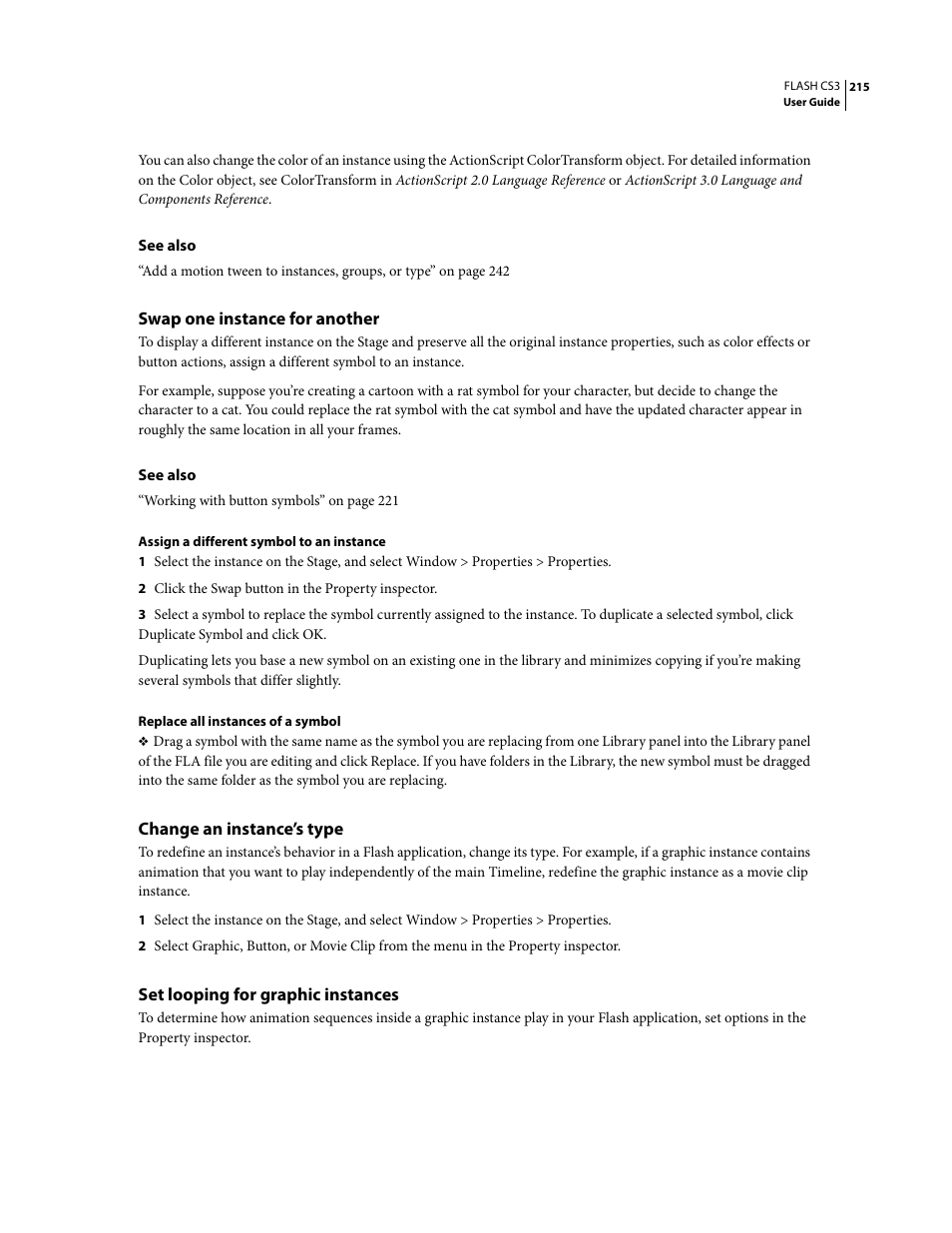 Swap one instance for another, Change an instance’s type, Set looping for graphic instances | Adobe Flash Professional CS3 User Manual | Page 221 / 527