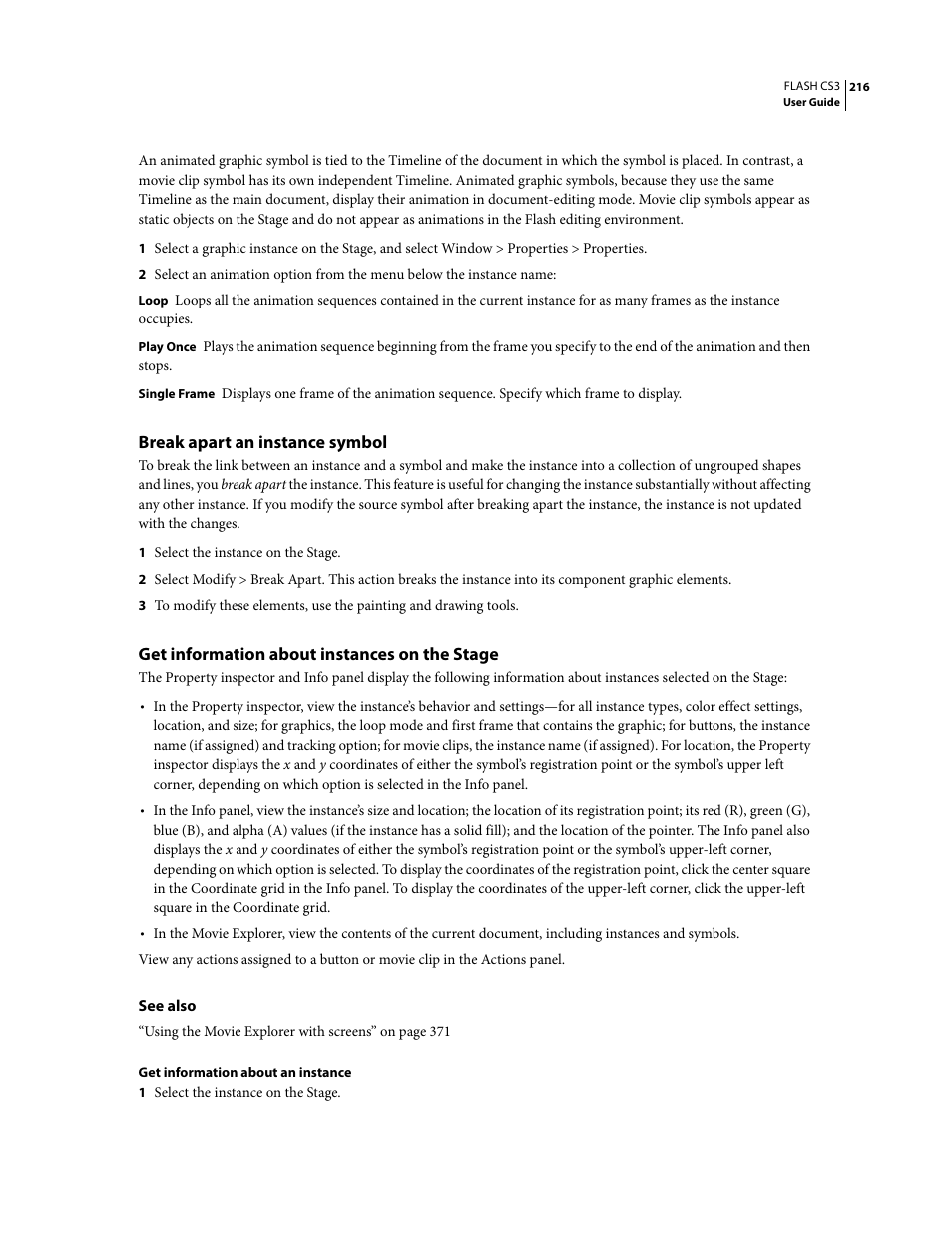 Break apart an instance symbol, Get information about instances on the stage | Adobe Flash Professional CS3 User Manual | Page 222 / 527