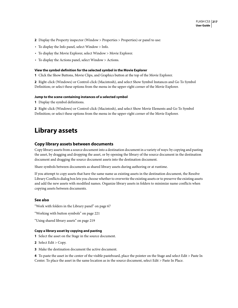 Library assets, Copy library assets between documents | Adobe Flash Professional CS3 User Manual | Page 223 / 527