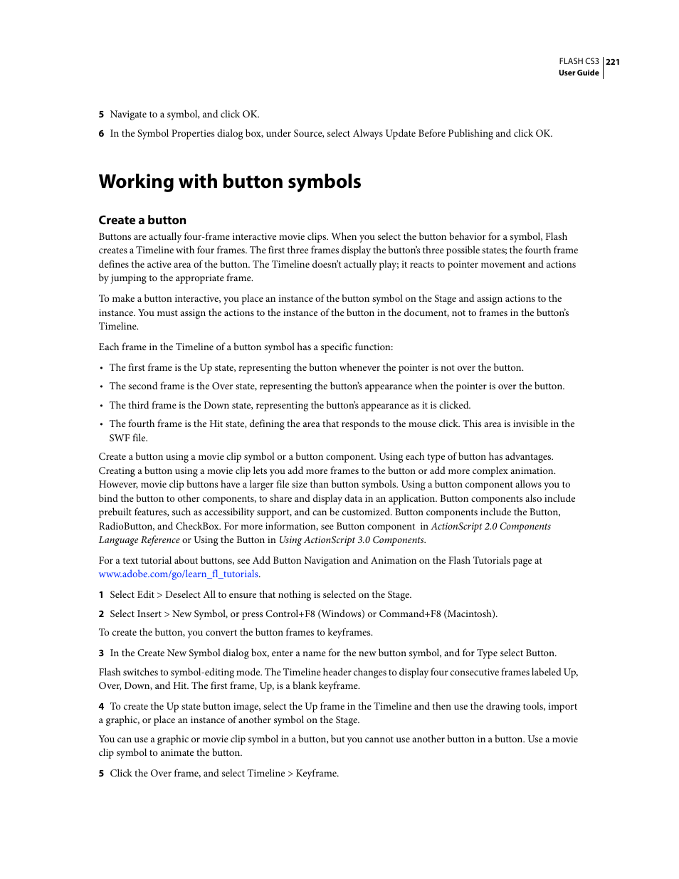 Working with button symbols, Create a button | Adobe Flash Professional CS3 User Manual | Page 227 / 527