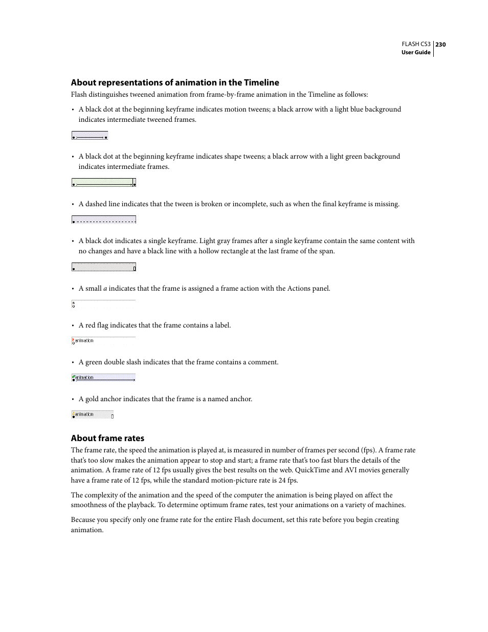 About representations of animation in the timeline, About frame rates | Adobe Flash Professional CS3 User Manual | Page 236 / 527