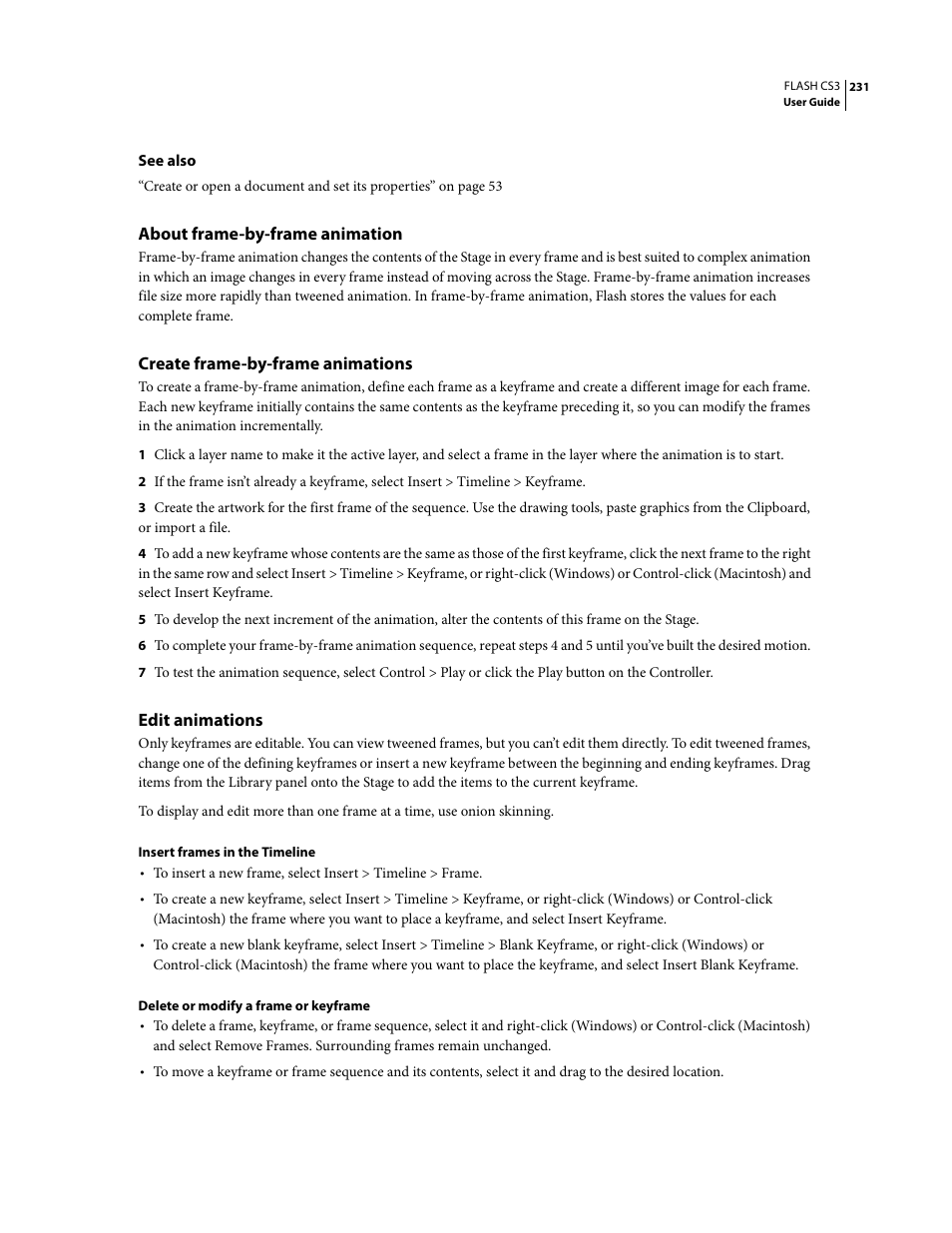 About frame-by-frame animation, Create frame-by-frame animations, Edit animations | Adobe Flash Professional CS3 User Manual | Page 237 / 527