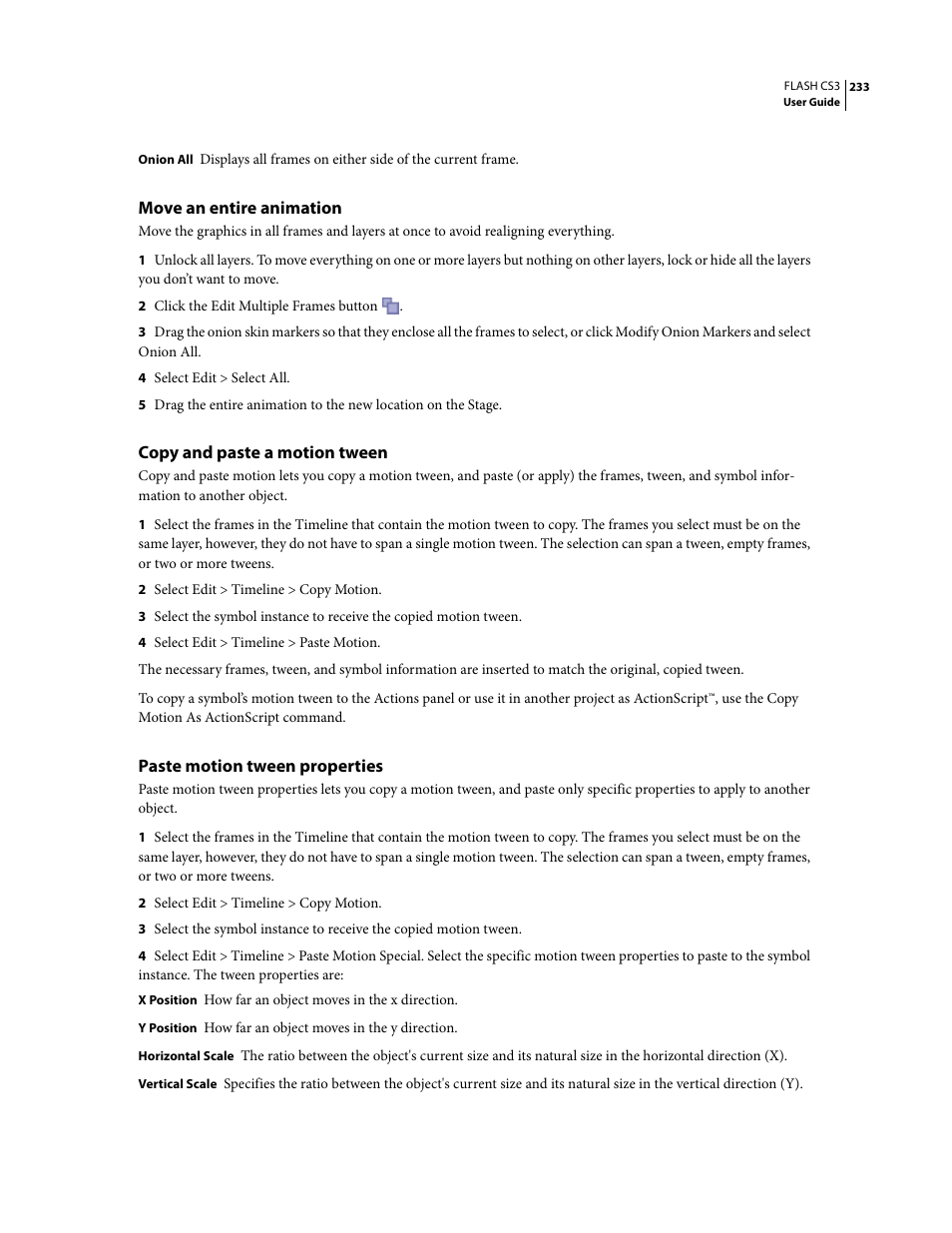 Move an entire animation, Copy and paste a motion tween, Paste motion tween properties | Adobe Flash Professional CS3 User Manual | Page 239 / 527