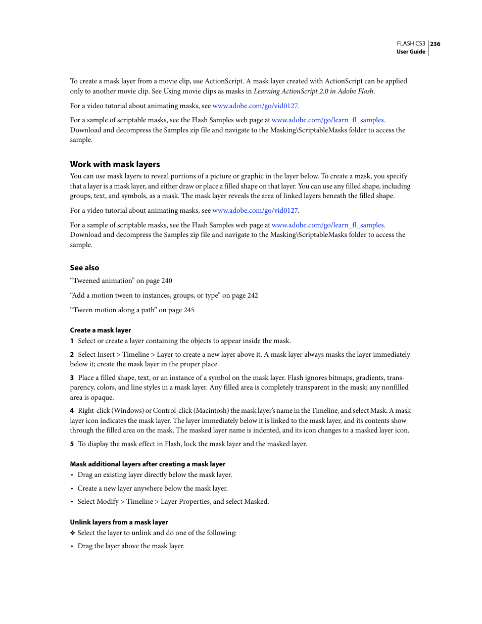 Work with mask layers | Adobe Flash Professional CS3 User Manual | Page 242 / 527