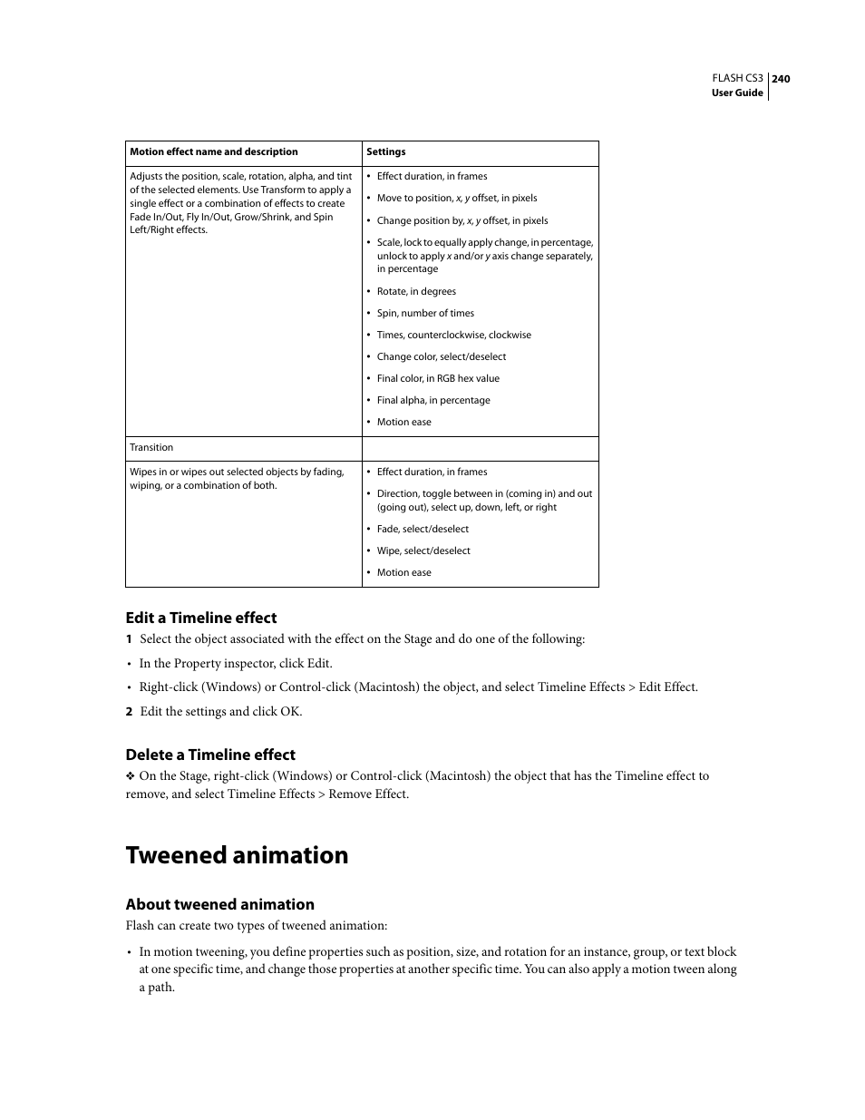 Edit a timeline effect, Delete a timeline effect, Tweened animation | About tweened animation | Adobe Flash Professional CS3 User Manual | Page 246 / 527