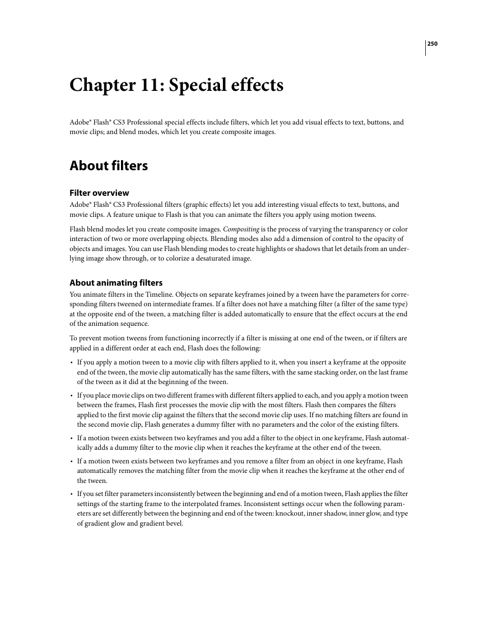 Chapter 11: special effects, About filters, Filter overview | About animating filters | Adobe Flash Professional CS3 User Manual | Page 256 / 527