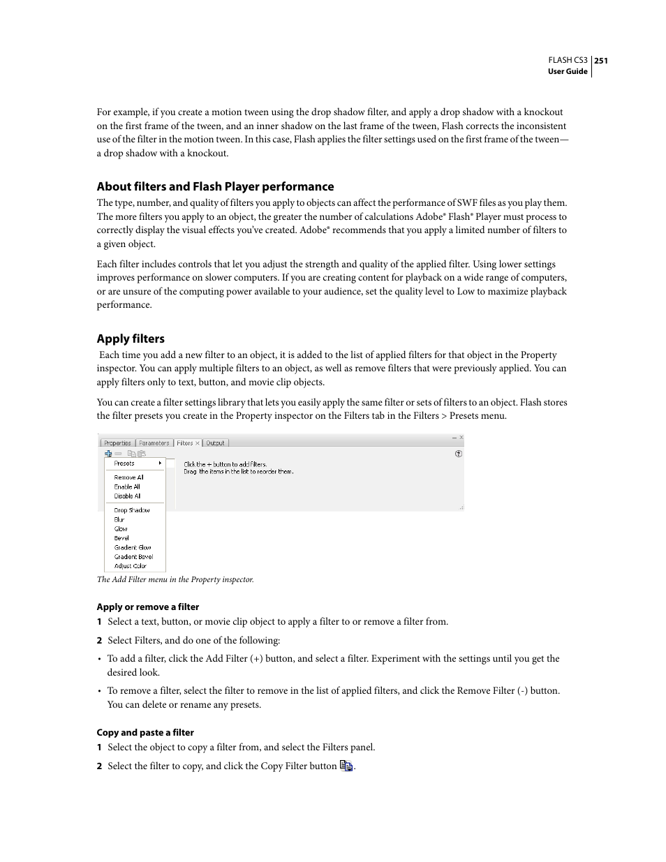 About filters and flash player performance, Apply filters | Adobe Flash Professional CS3 User Manual | Page 257 / 527