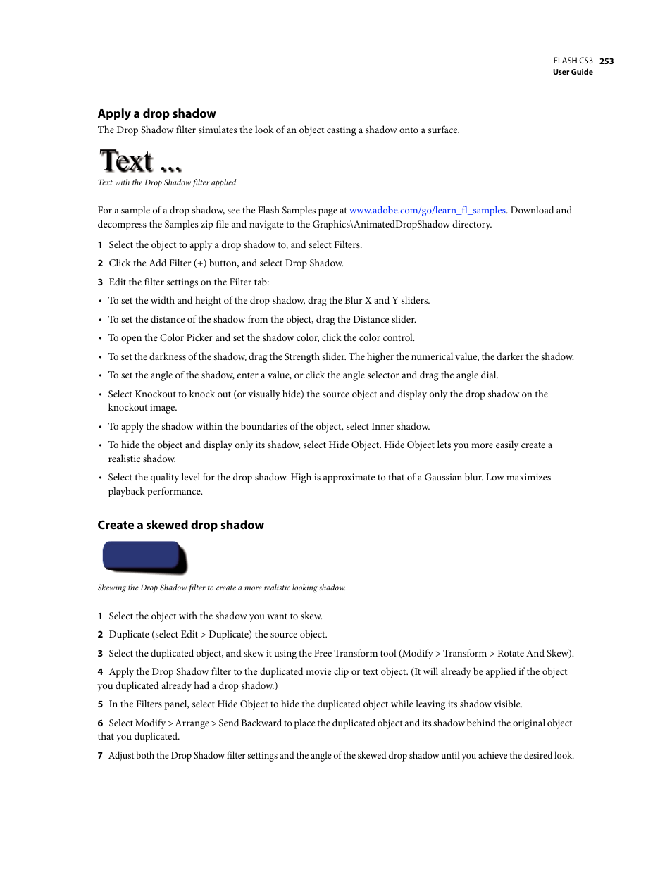 Apply a drop shadow, Create a skewed drop shadow | Adobe Flash Professional CS3 User Manual | Page 259 / 527