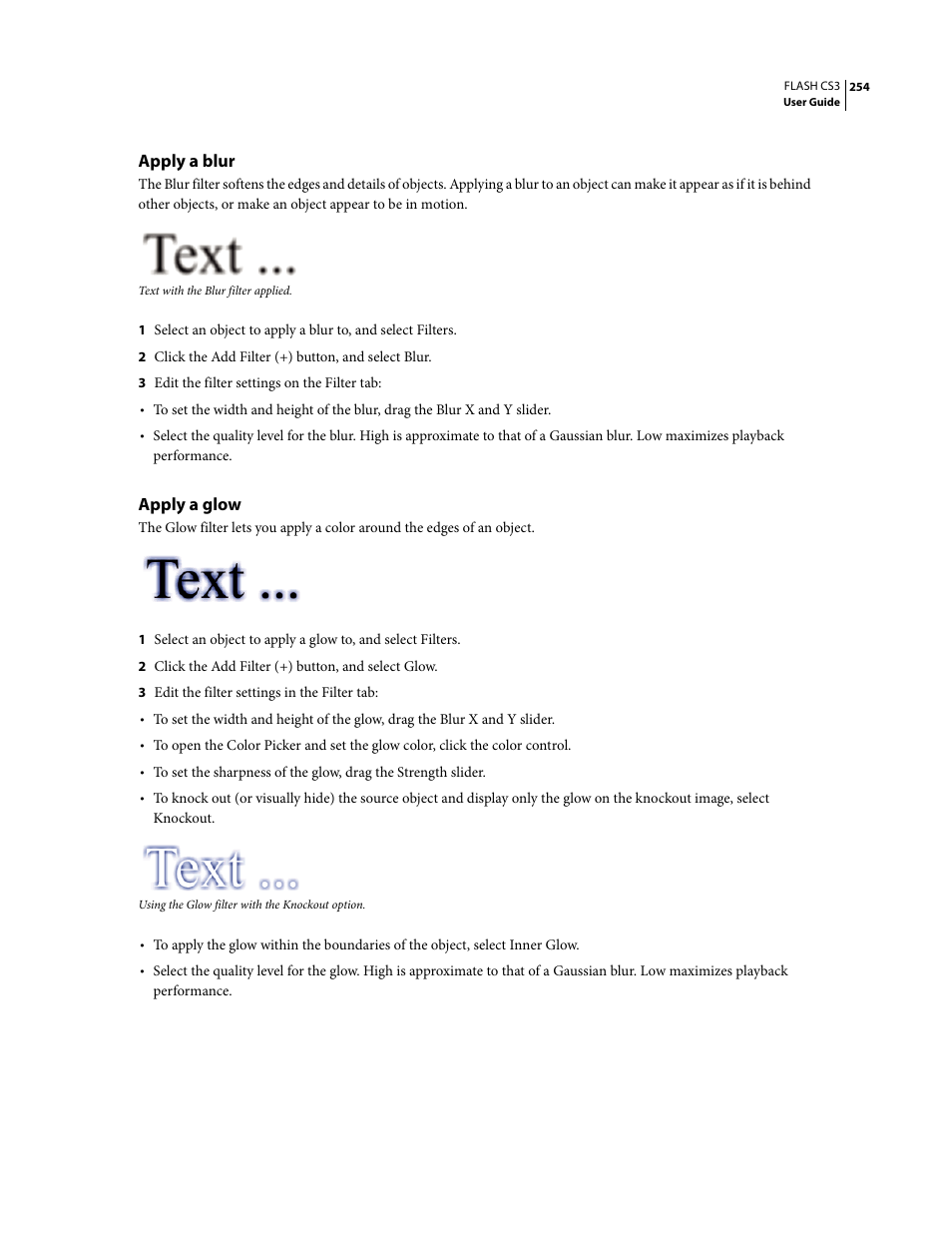 Apply a blur, Apply a glow | Adobe Flash Professional CS3 User Manual | Page 260 / 527