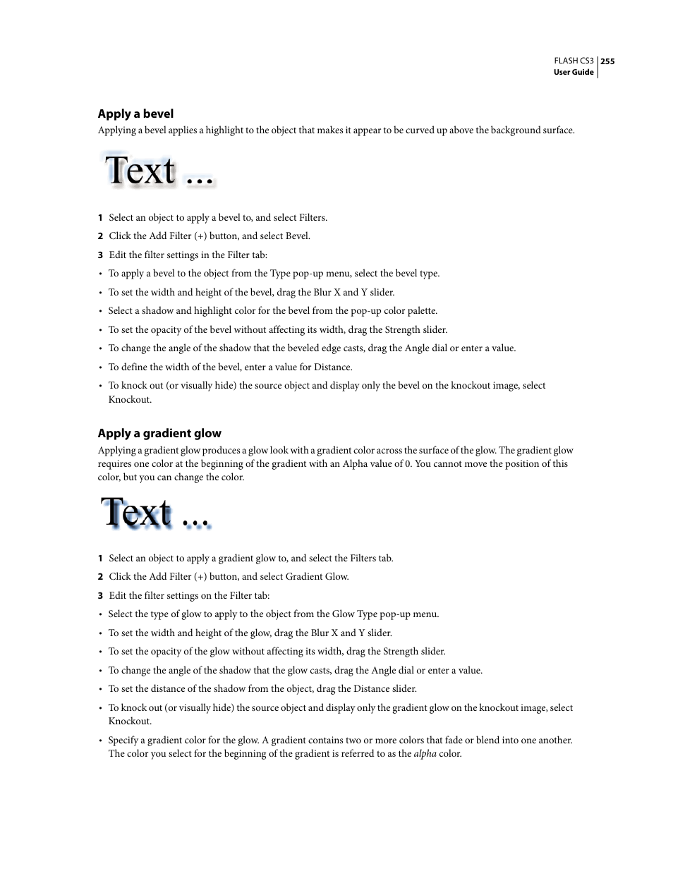 Apply a bevel, Apply a gradient glow | Adobe Flash Professional CS3 User Manual | Page 261 / 527