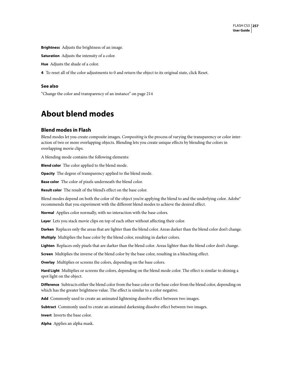 About blend modes, Blend modes in flash | Adobe Flash Professional CS3 User Manual | Page 263 / 527