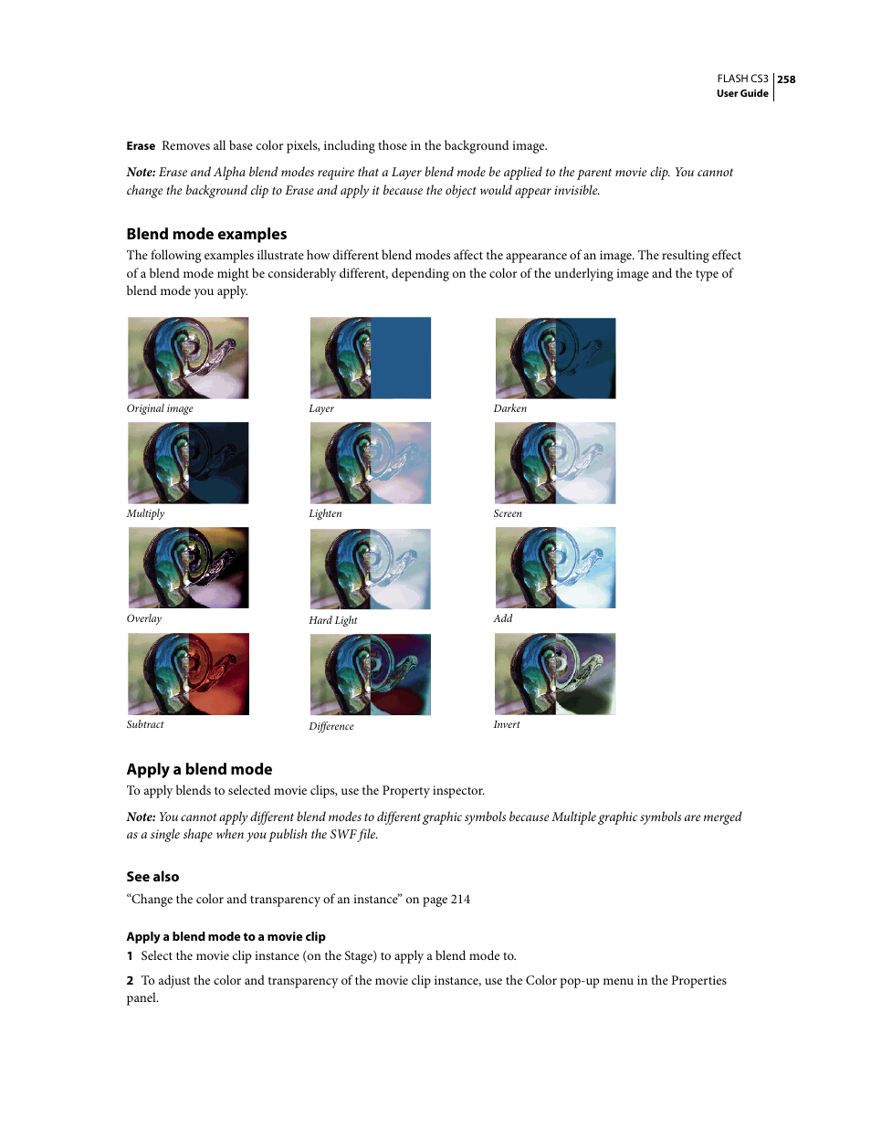 Blend mode examples, Apply a blend mode | Adobe Flash Professional CS3 User Manual | Page 264 / 527