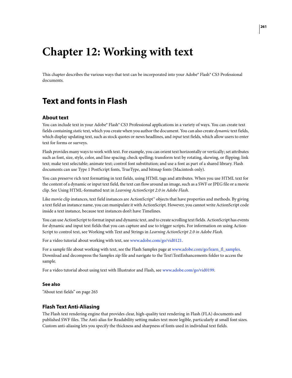 Chapter 12: working with text, Text and fonts in flash, About text | Flash text anti-aliasing | Adobe Flash Professional CS3 User Manual | Page 267 / 527