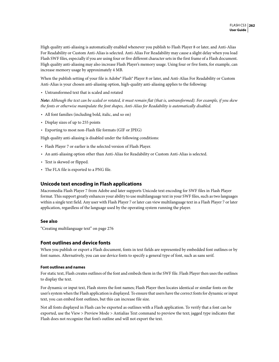 Unicode text encoding in flash applications, Font outlines and device fonts | Adobe Flash Professional CS3 User Manual | Page 268 / 527