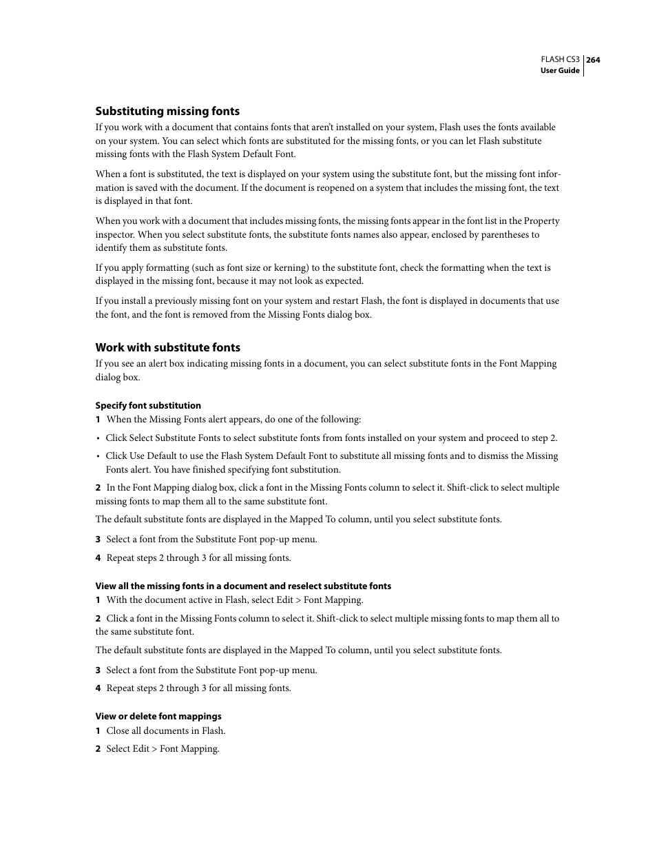 Substituting missing fonts, Work with substitute fonts | Adobe Flash Professional CS3 User Manual | Page 270 / 527