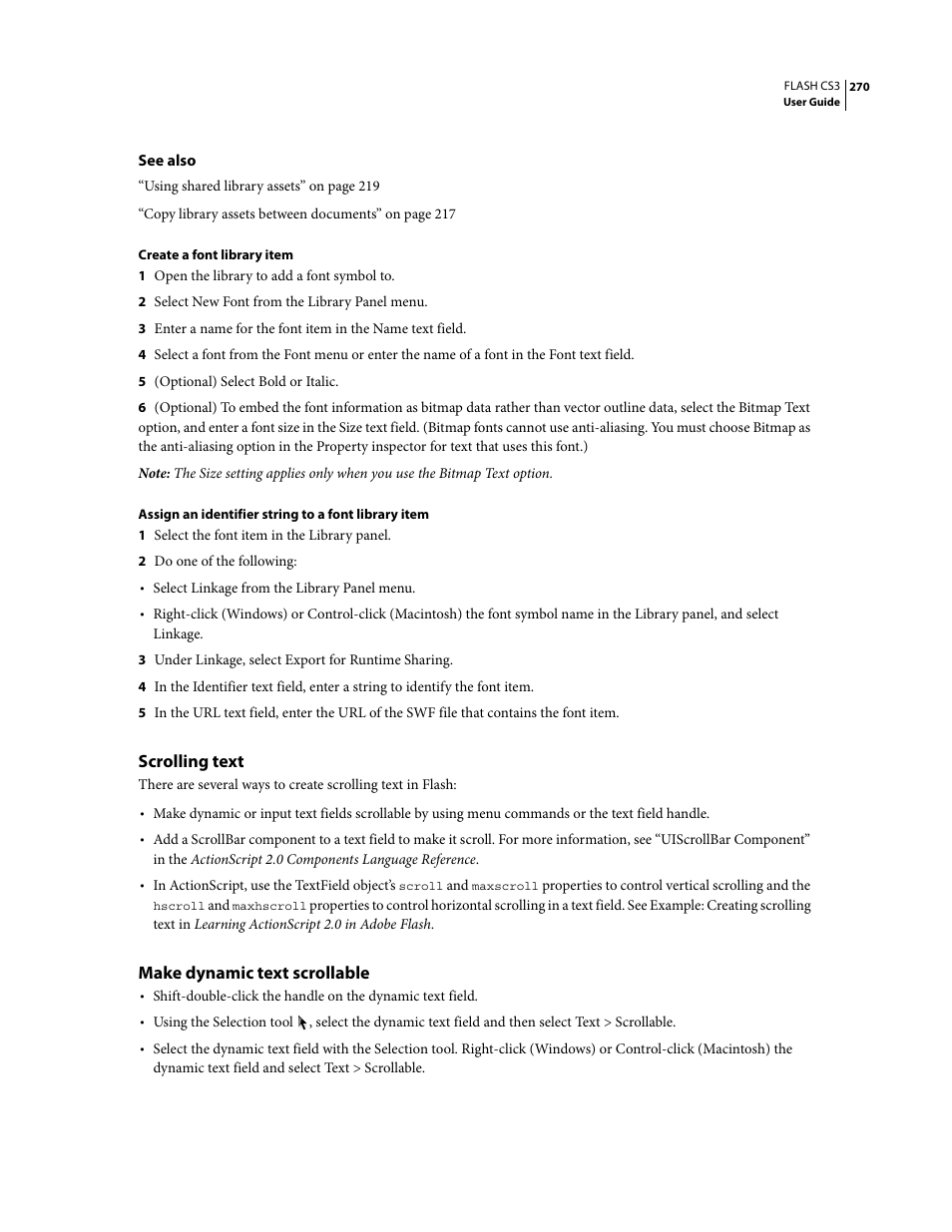 Scrolling text, Make dynamic text scrollable | Adobe Flash Professional CS3 User Manual | Page 276 / 527