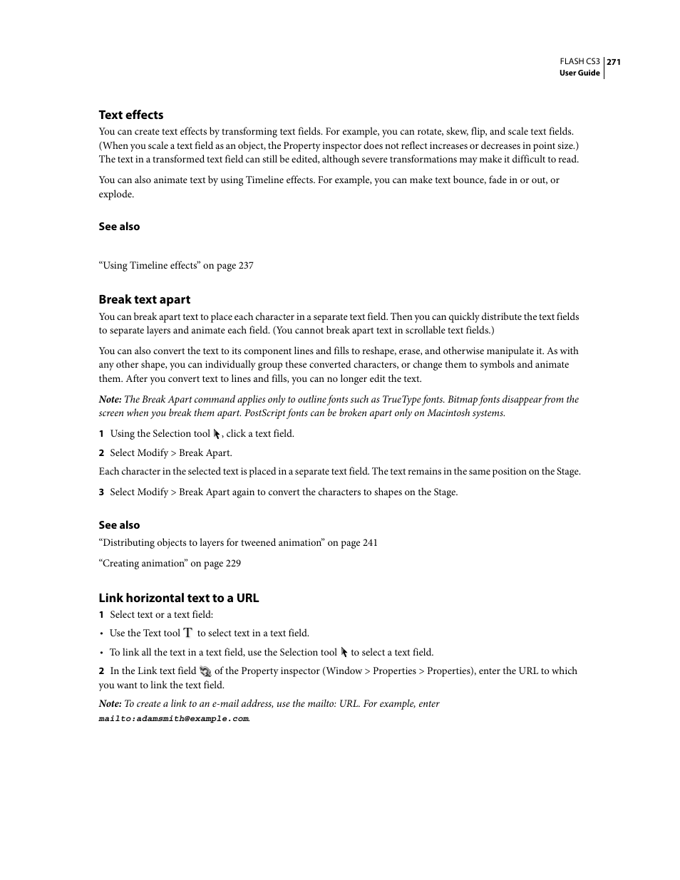 Text effects, Break text apart, Link horizontal text to a url | Adobe Flash Professional CS3 User Manual | Page 277 / 527