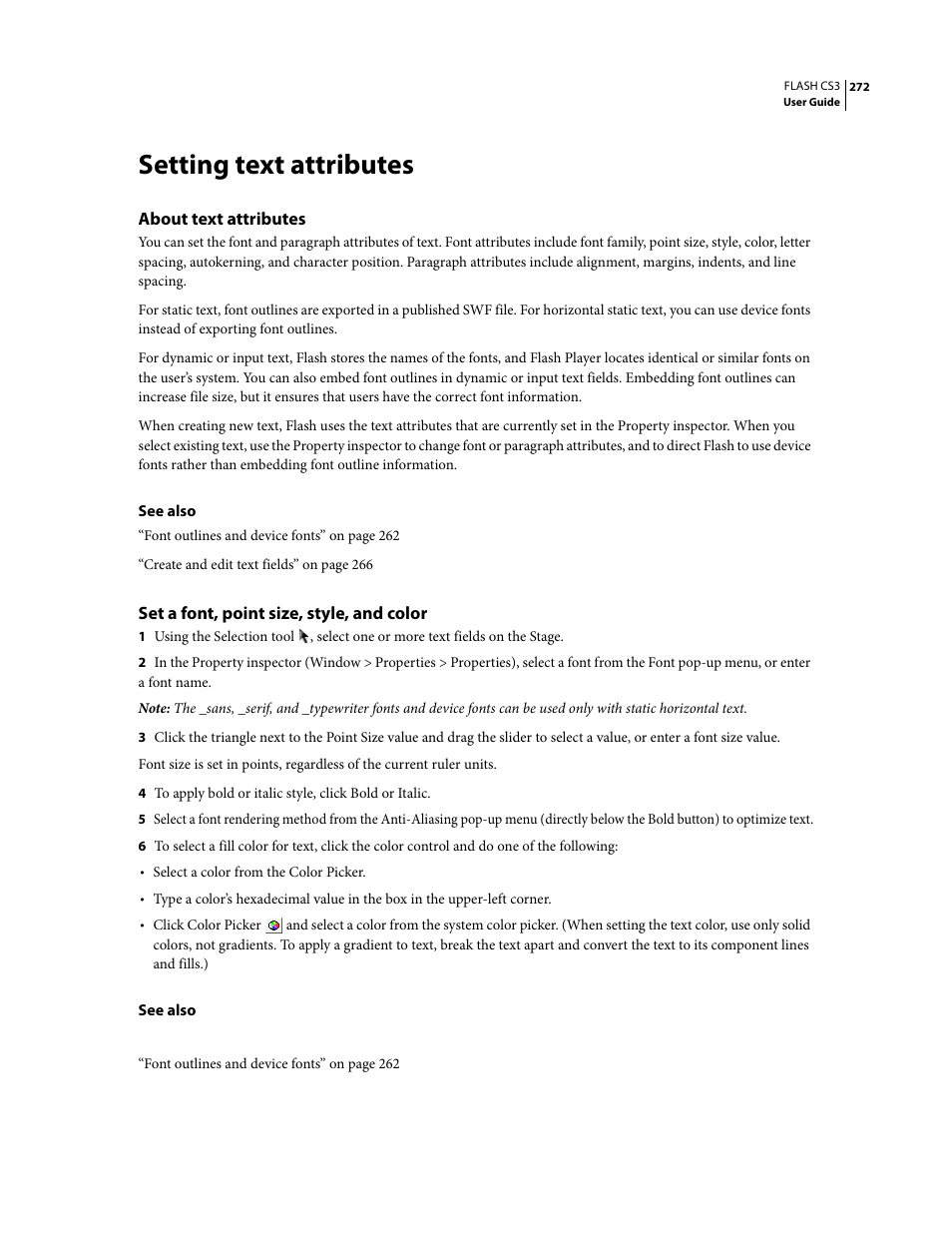 Setting text attributes, About text attributes, Set a font, point size, style, and color | Adobe Flash Professional CS3 User Manual | Page 278 / 527