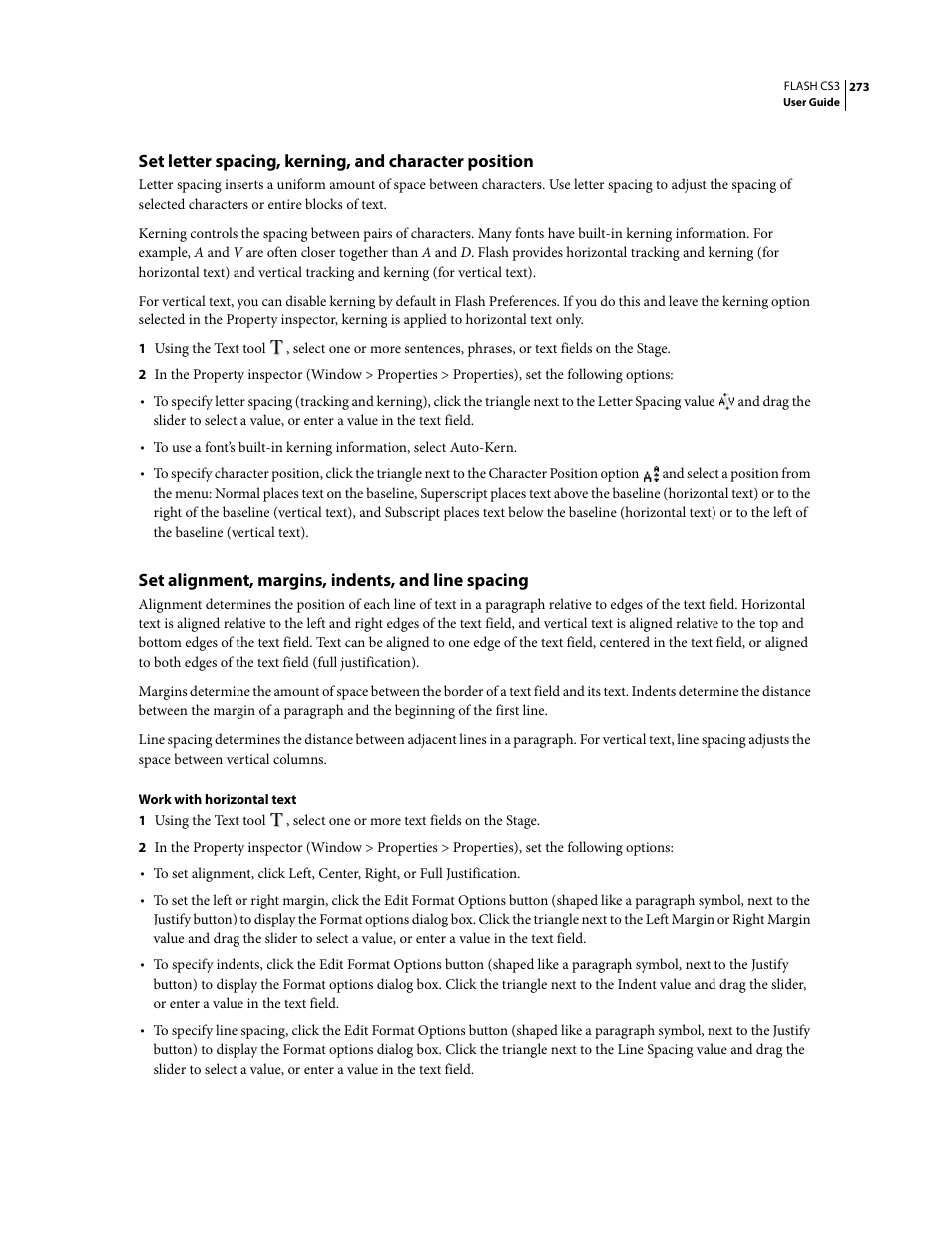 Set alignment, margins, indents, and line spacing | Adobe Flash Professional CS3 User Manual | Page 279 / 527