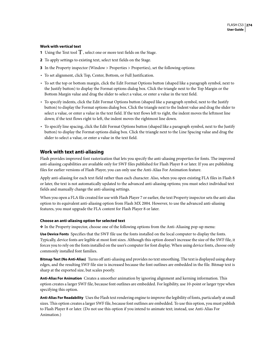 Work with text anti-aliasing | Adobe Flash Professional CS3 User Manual | Page 280 / 527