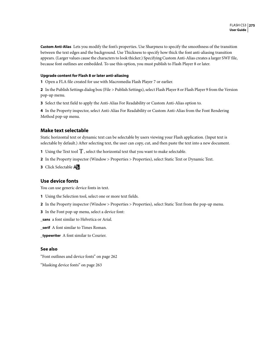 Make text selectable, Use device fonts | Adobe Flash Professional CS3 User Manual | Page 281 / 527