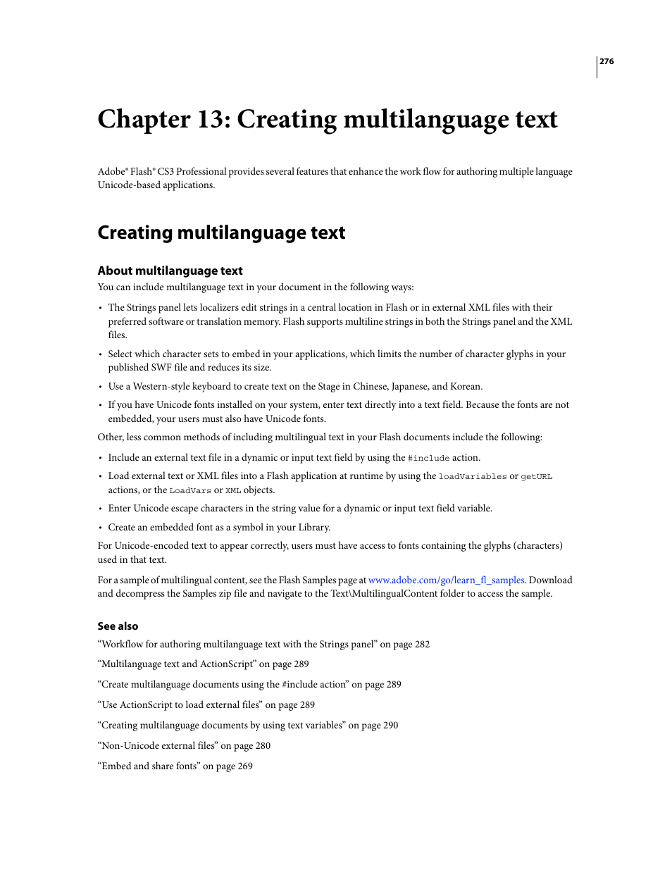 Chapter 13: creating multilanguage text, Creating multilanguage text, About multilanguage text | Adobe Flash Professional CS3 User Manual | Page 282 / 527