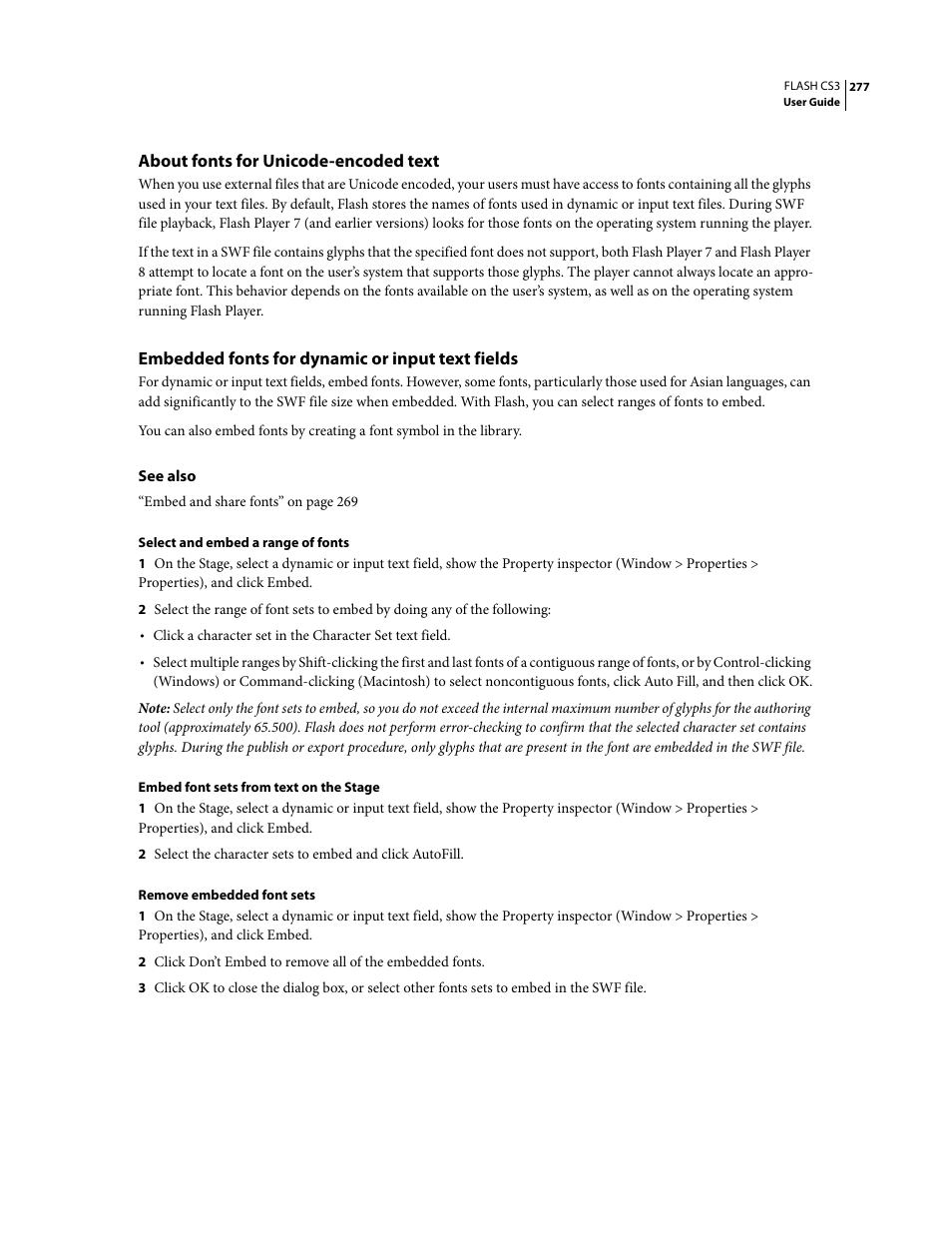 About fonts for unicode-encoded text, Embedded fonts for dynamic or input text fields | Adobe Flash Professional CS3 User Manual | Page 283 / 527