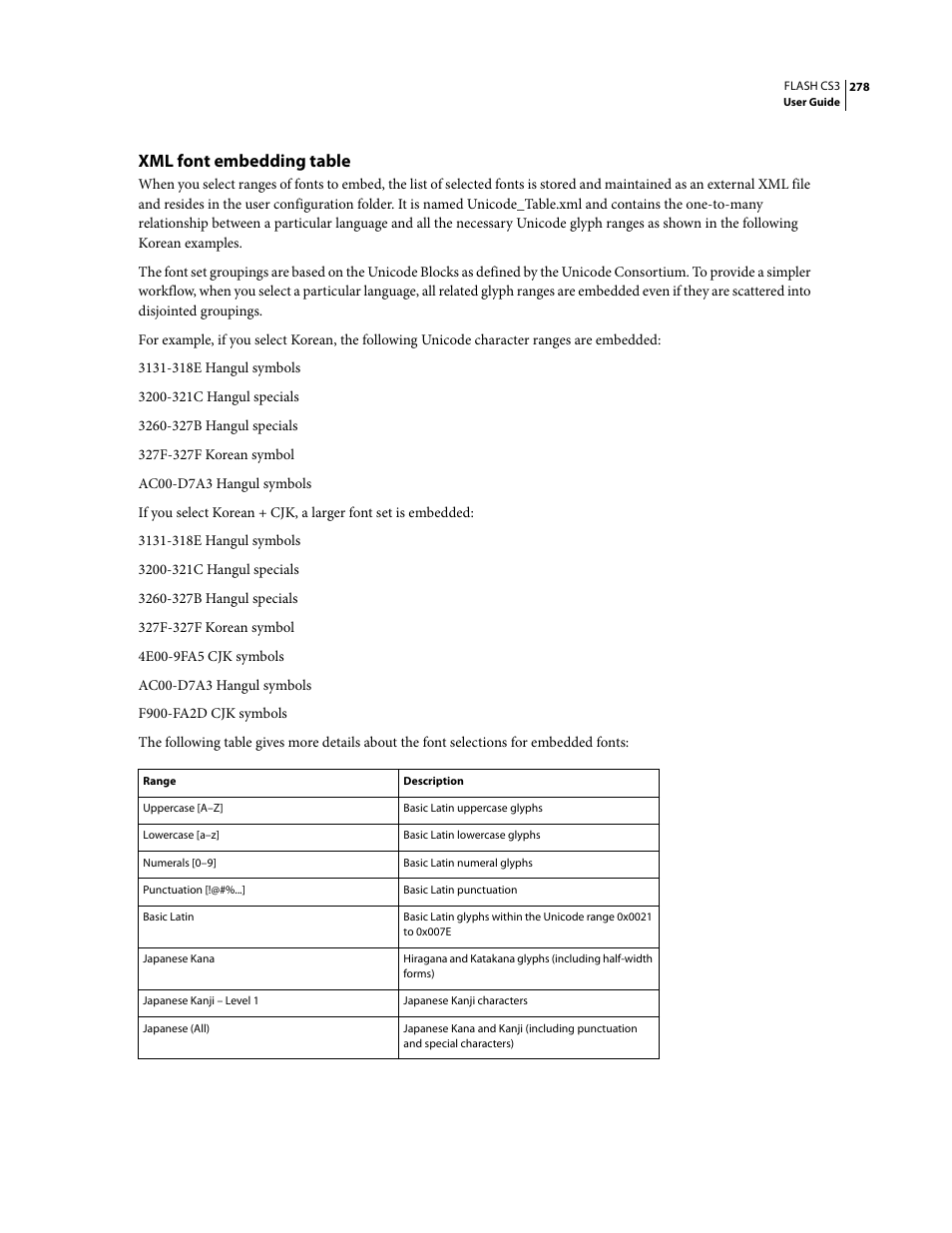 Xml font embedding table | Adobe Flash Professional CS3 User Manual | Page 284 / 527