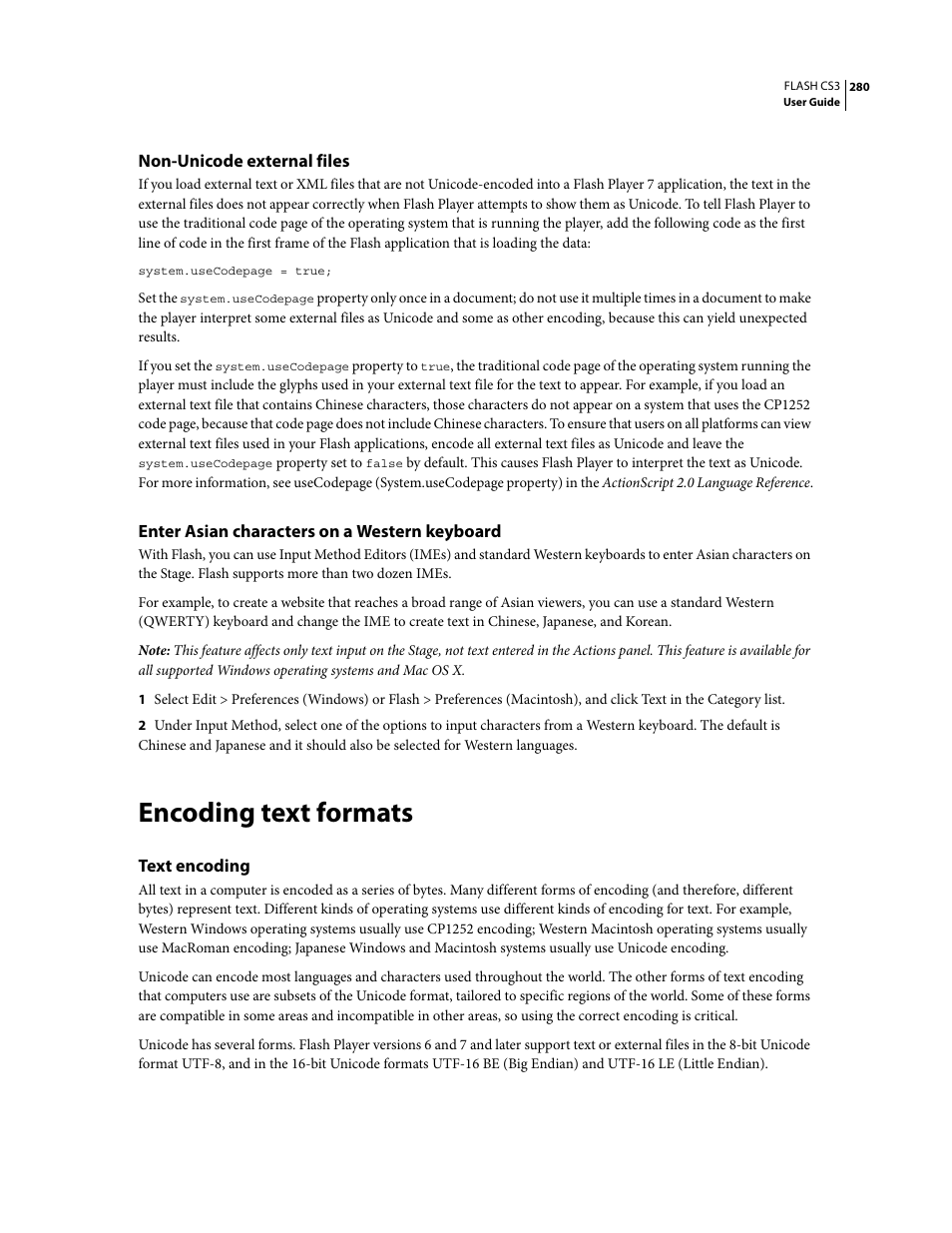 Non-unicode external files, Enter asian characters on a western keyboard, Encoding text formats | Text encoding | Adobe Flash Professional CS3 User Manual | Page 286 / 527