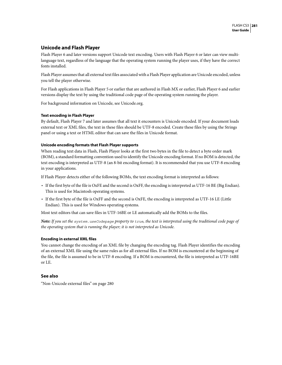 Unicode and flash player | Adobe Flash Professional CS3 User Manual | Page 287 / 527