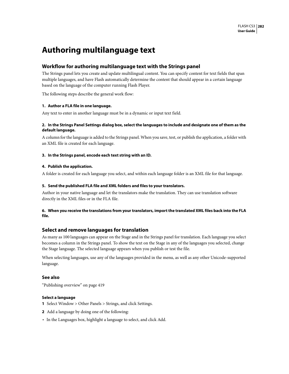 Authoring multilanguage text, Select and remove languages for translation | Adobe Flash Professional CS3 User Manual | Page 288 / 527