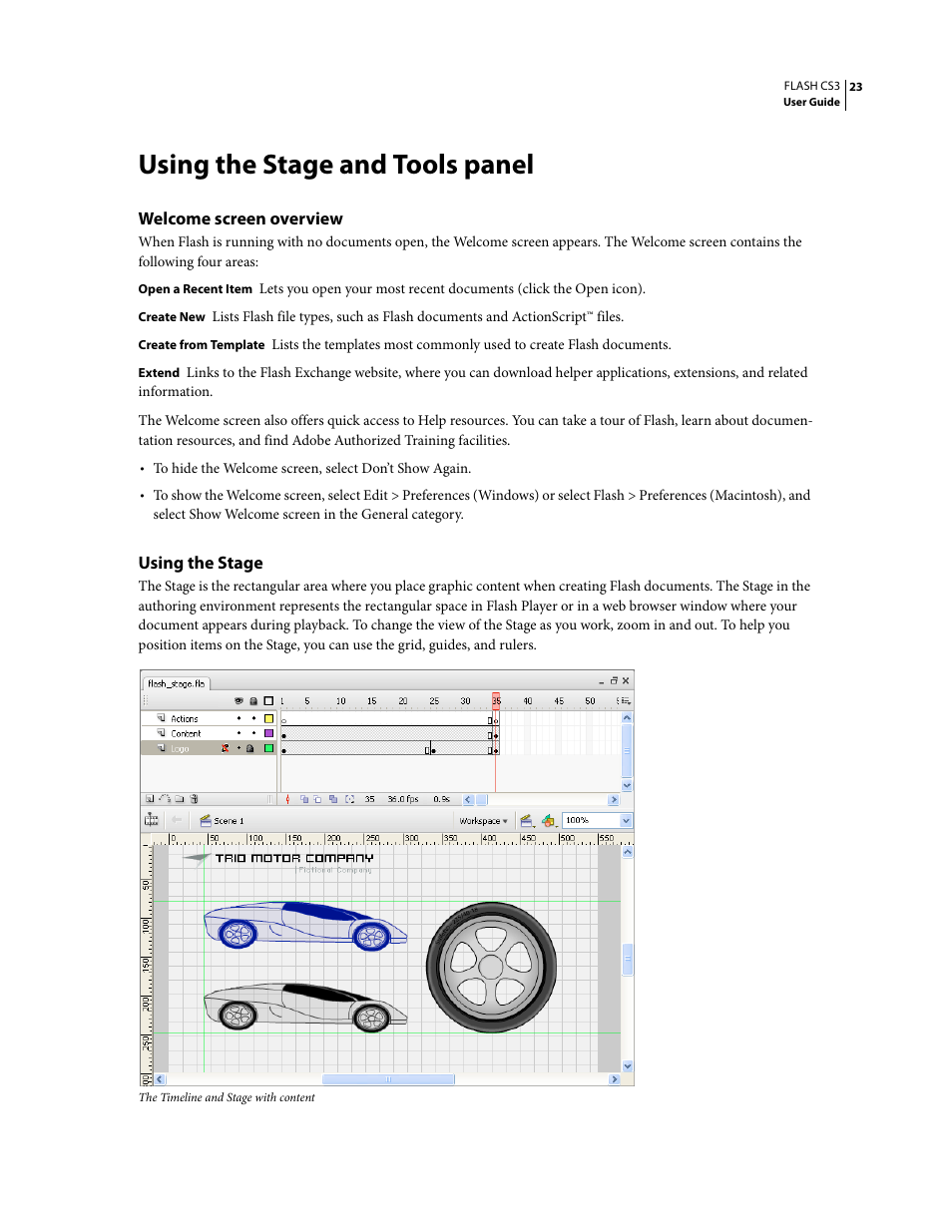 Using the stage and tools panel, Welcome screen overview, Using the stage | Adobe Flash Professional CS3 User Manual | Page 29 / 527