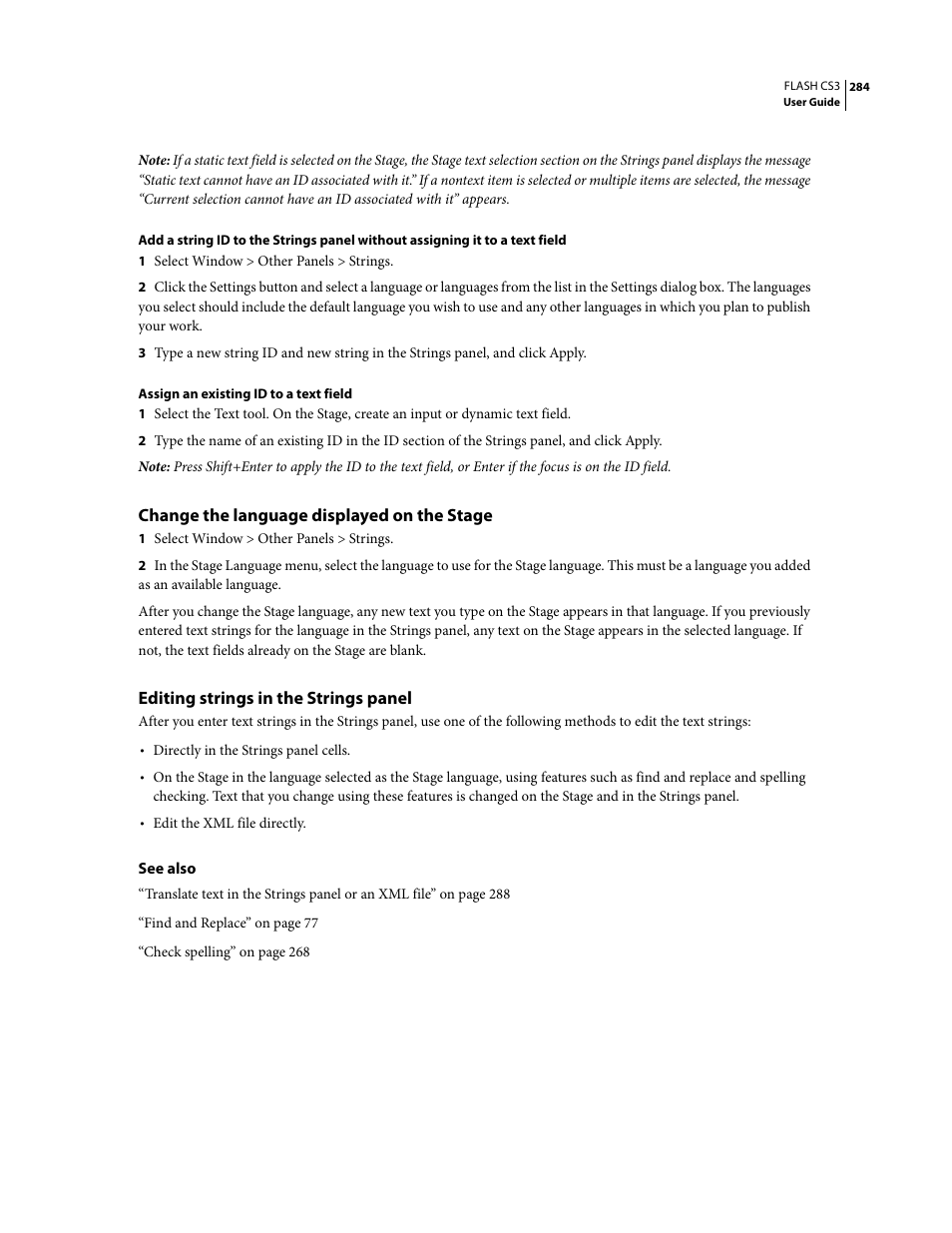 Change the language displayed on the stage, Editing strings in the strings panel | Adobe Flash Professional CS3 User Manual | Page 290 / 527