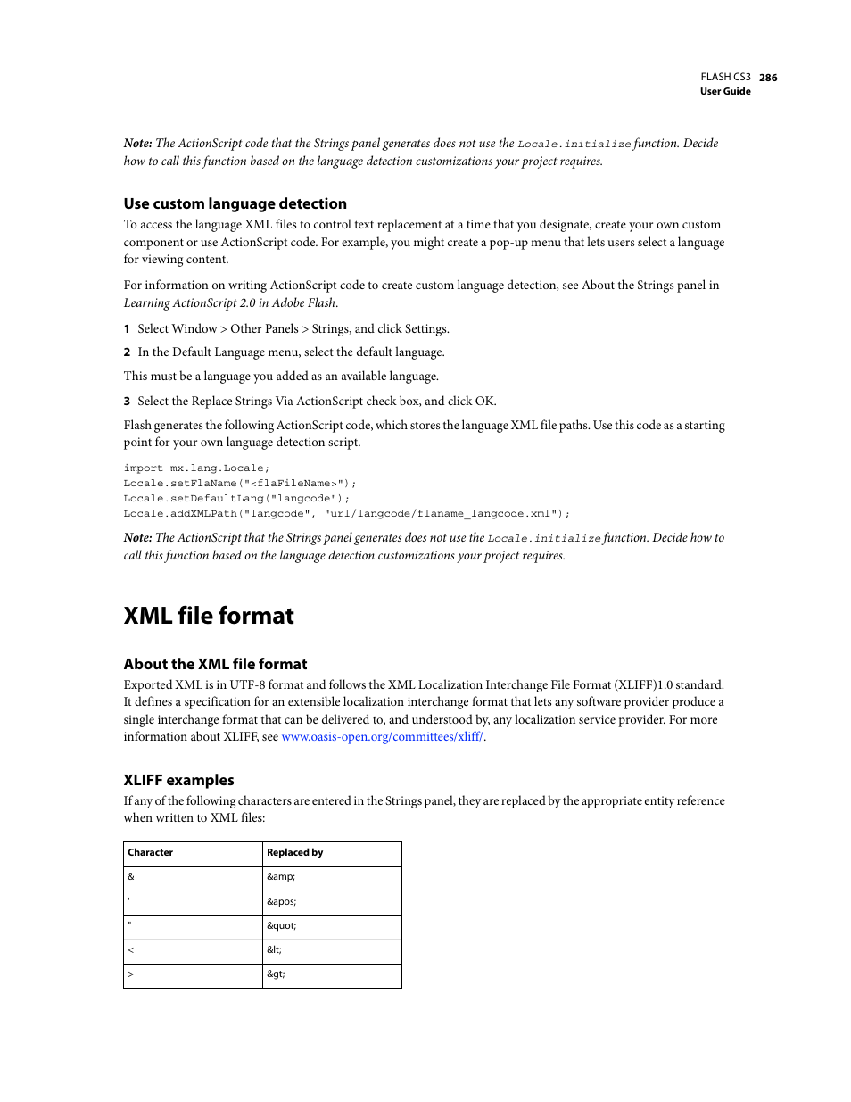 Use custom language detection, Xml file format, About the xml file format | Xliff examples | Adobe Flash Professional CS3 User Manual | Page 292 / 527