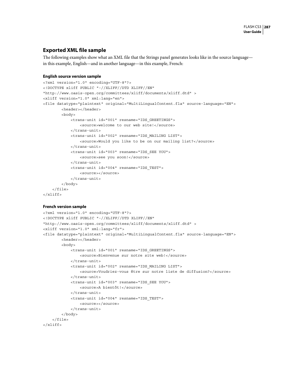 Exported xml file sample | Adobe Flash Professional CS3 User Manual | Page 293 / 527