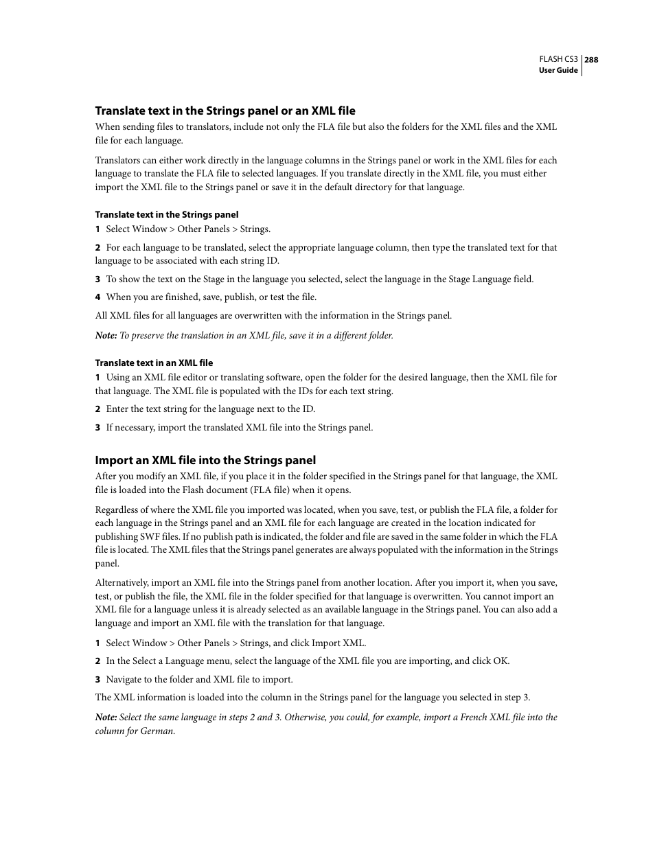 Translate text in the strings panel or an xml file, Import an xml file into the strings panel | Adobe Flash Professional CS3 User Manual | Page 294 / 527