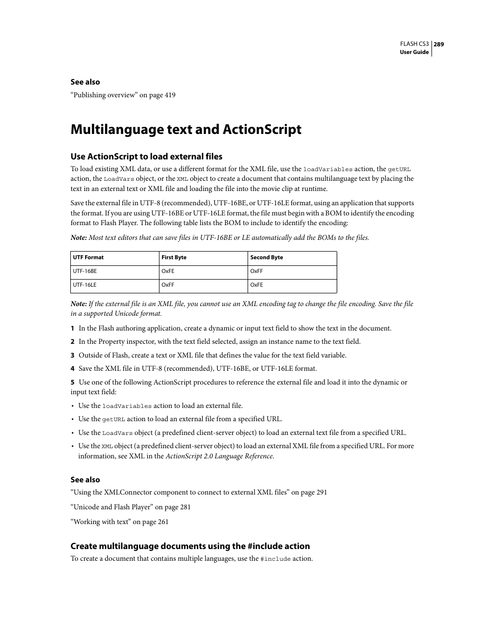 Multilanguage text and actionscript, Use actionscript to load external files | Adobe Flash Professional CS3 User Manual | Page 295 / 527