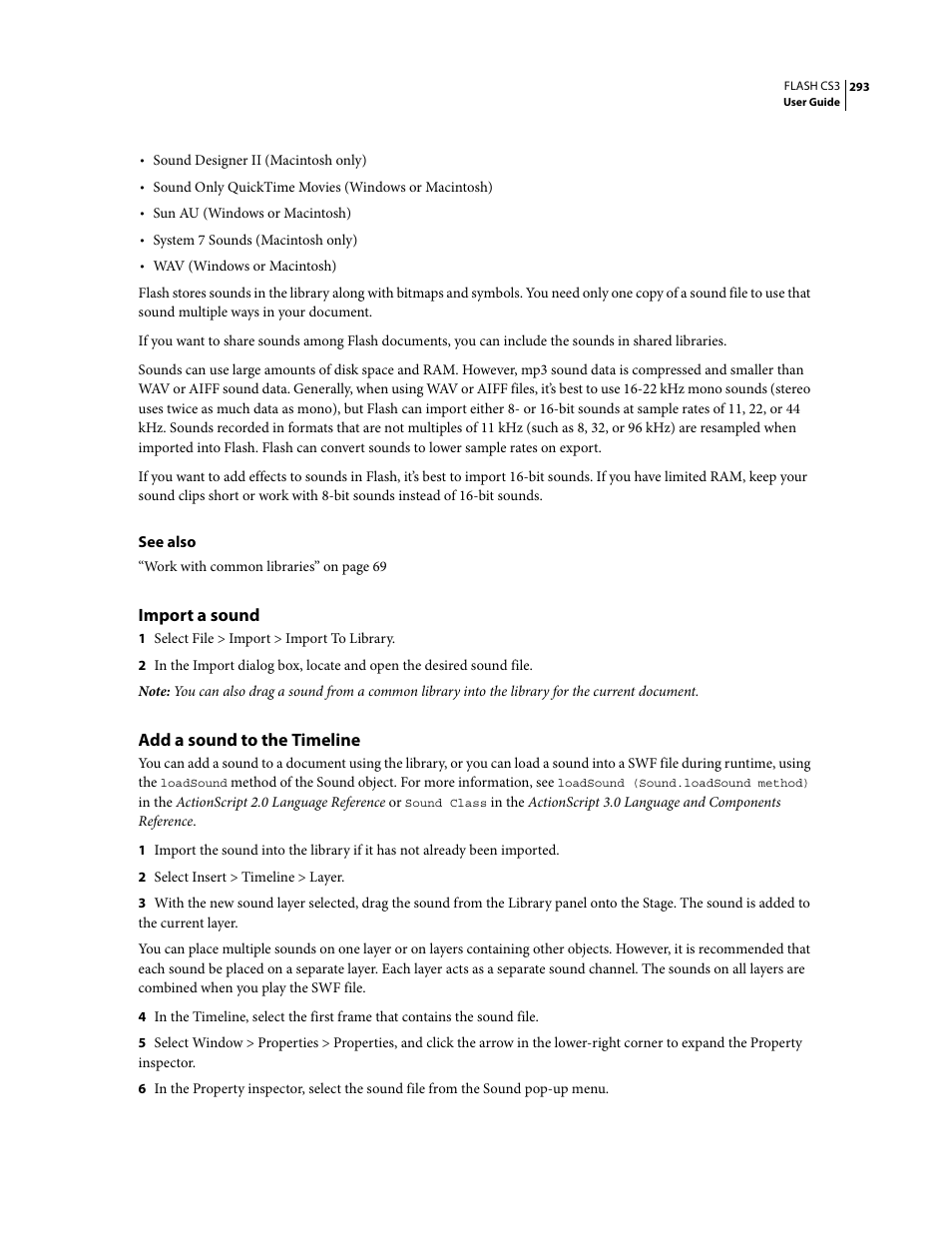 Import a sound, Add a sound to the timeline | Adobe Flash Professional CS3 User Manual | Page 299 / 527