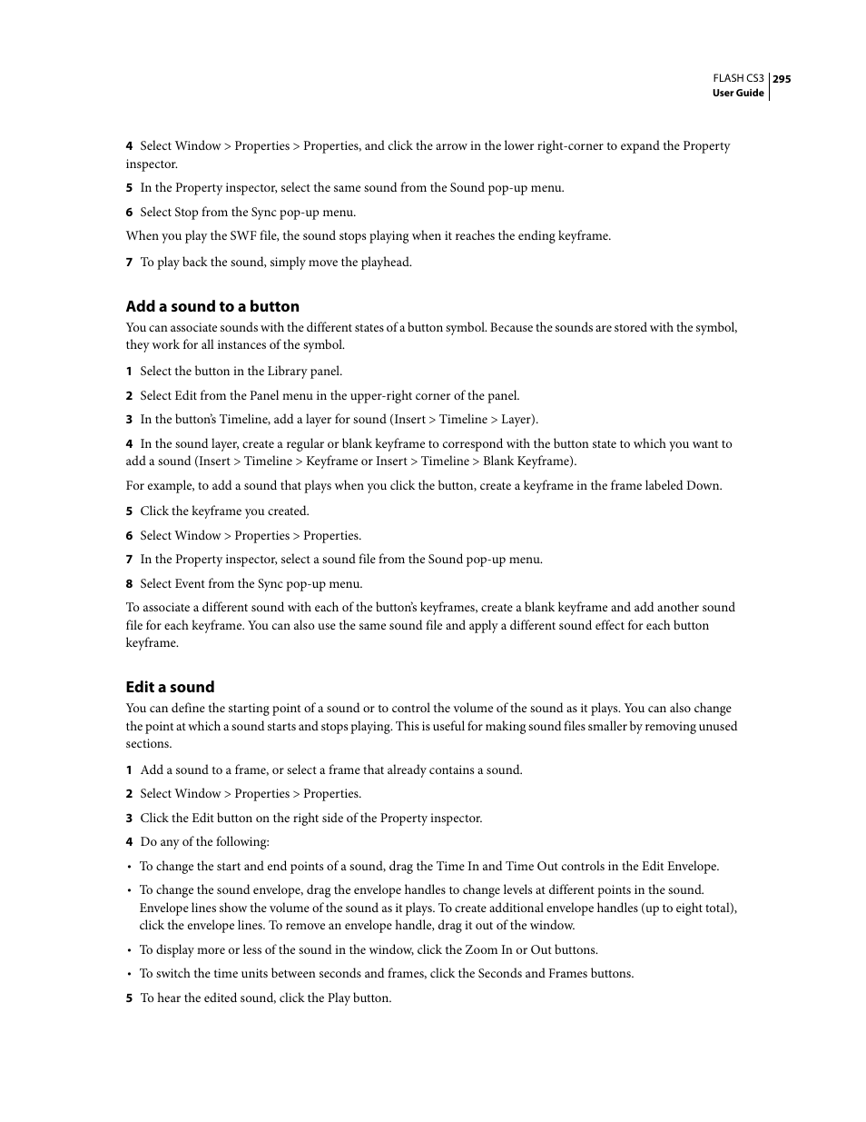 Add a sound to a button, Edit a sound | Adobe Flash Professional CS3 User Manual | Page 301 / 527