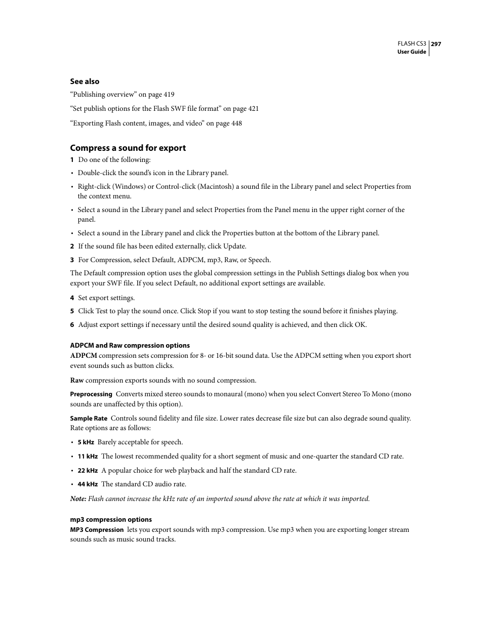 Compress a sound for export | Adobe Flash Professional CS3 User Manual | Page 303 / 527