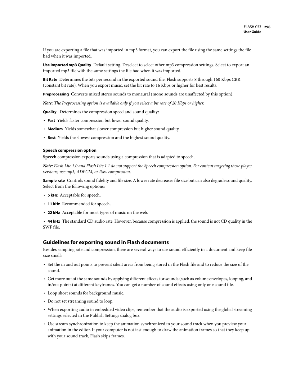 Guidelines for exporting sound in flash documents | Adobe Flash Professional CS3 User Manual | Page 304 / 527