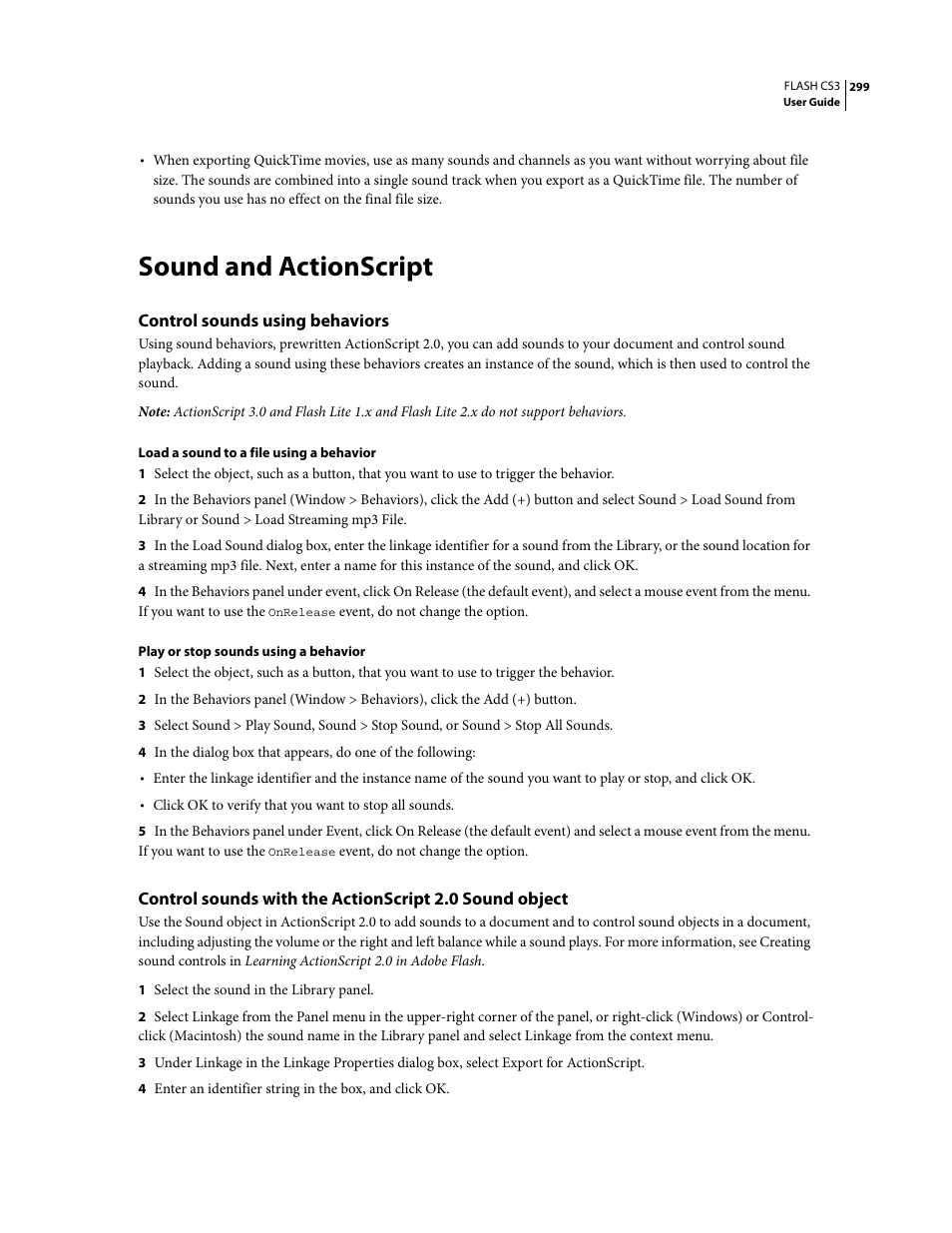 Sound and actionscript, Control sounds using behaviors | Adobe Flash Professional CS3 User Manual | Page 305 / 527