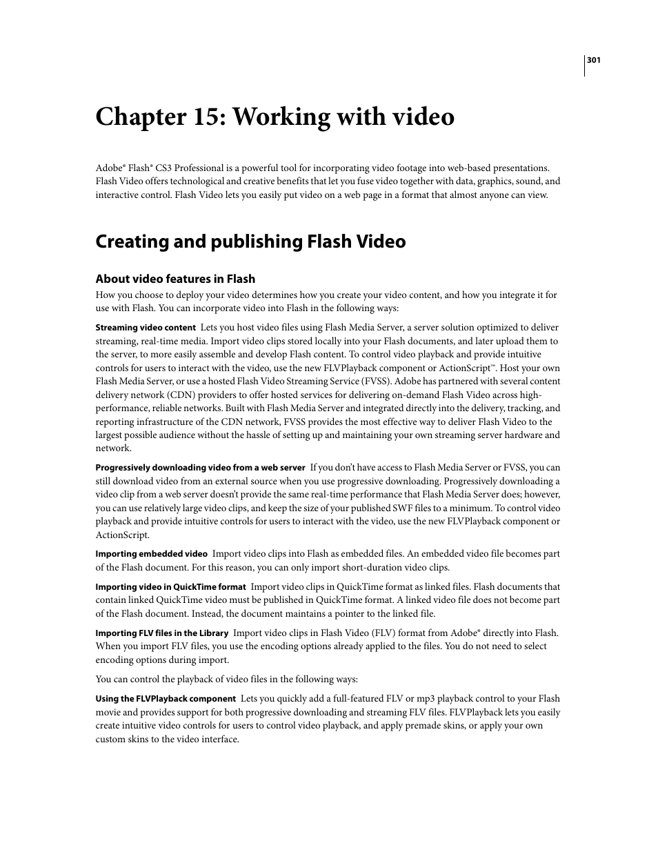 Chapter 15: working with video, Creating and publishing flash video, About video features in flash | Adobe Flash Professional CS3 User Manual | Page 307 / 527