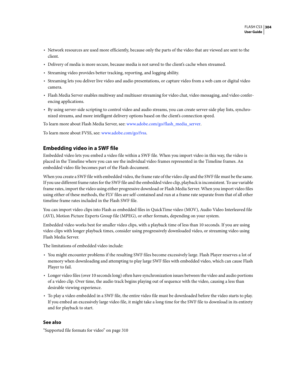 Embedding video in a swf file | Adobe Flash Professional CS3 User Manual | Page 310 / 527