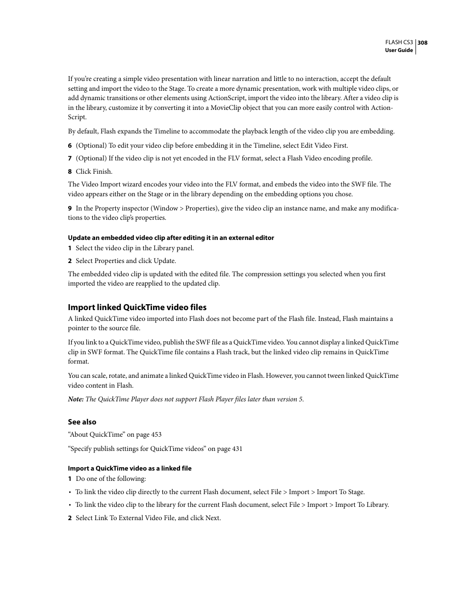 Import linked quicktime video files | Adobe Flash Professional CS3 User Manual | Page 314 / 527